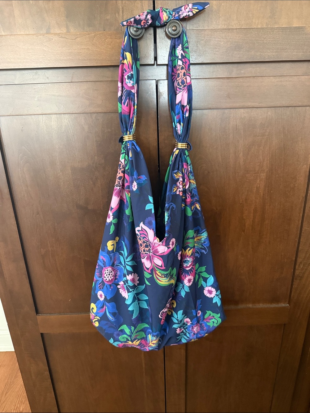 Johnny Was Navy Floral Sling Bag with Pink & Green Accents